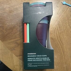 Starbucks 2020 Holiday Glitter Reusable Cold Cup 24oz Venti Set 4 Cups 4 Straws